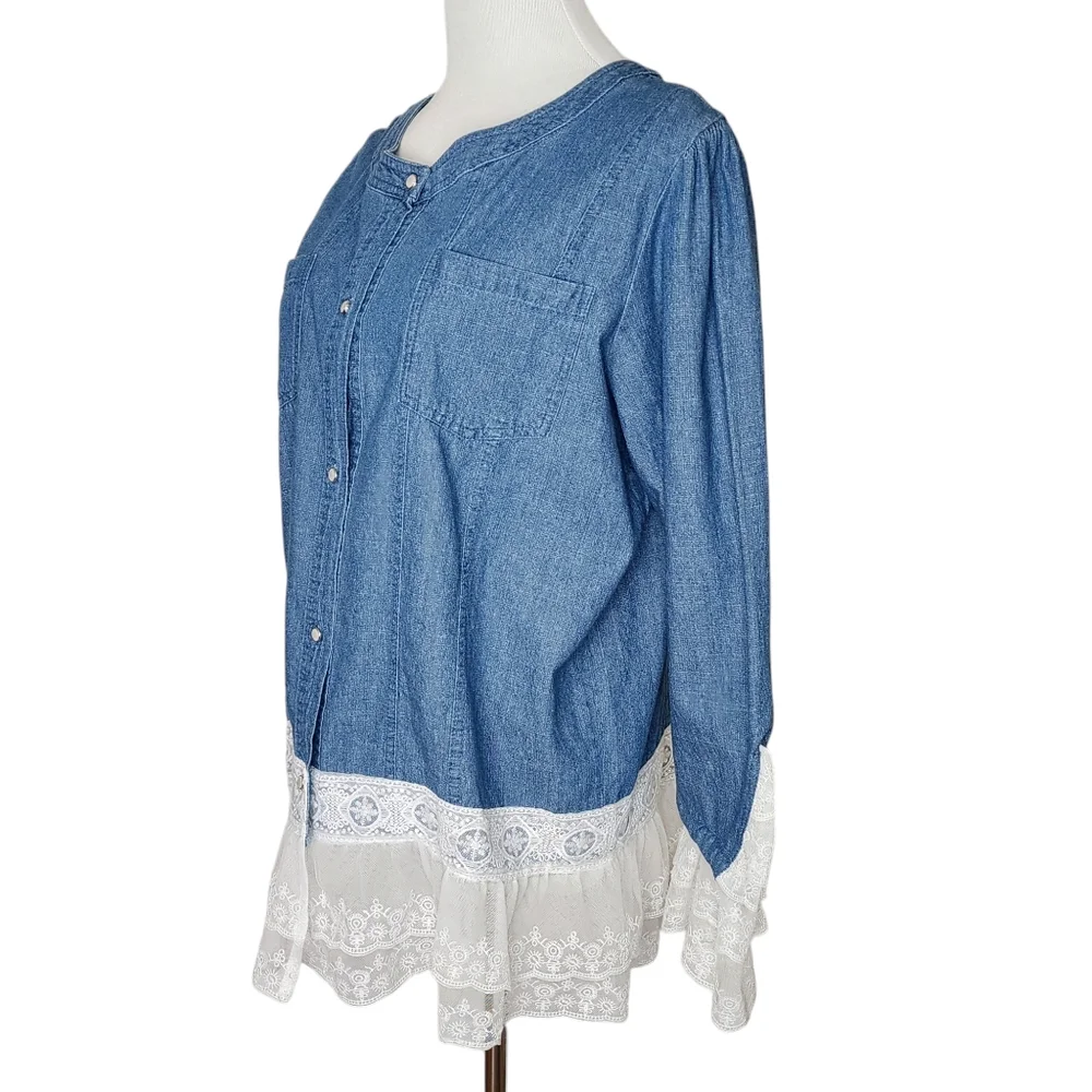 Unbranded denim jacket top blouse with lace trim front buttons 2 pockets sz lrg - Picture 6 of 14